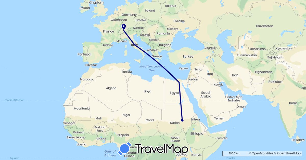 TravelMap itinerary: driving in Switzerland, Egypt, Italy, Sudan (Africa, Europe)